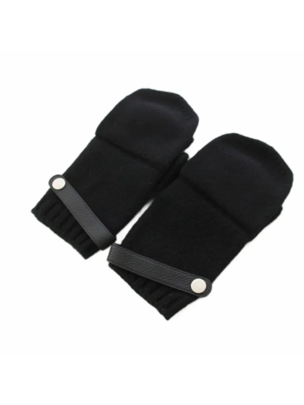 Hermes Knit Gloves Cashmere Deerskin Leather Sellier Buttons Black KH